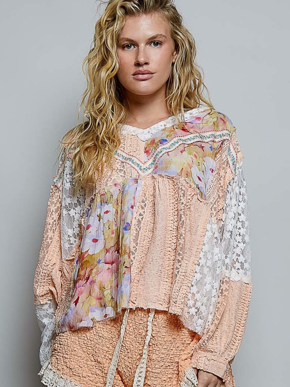 POL Bohemian Mixed Lace Printed Top Apricot Multi Relaxed Silhouette Top - Picture 1 of 6